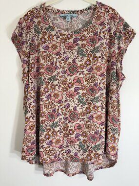 Blue Sol Blouse Womens 2X Pink Flowers Lightweight Cap Sleeve Pullover Easy Cool